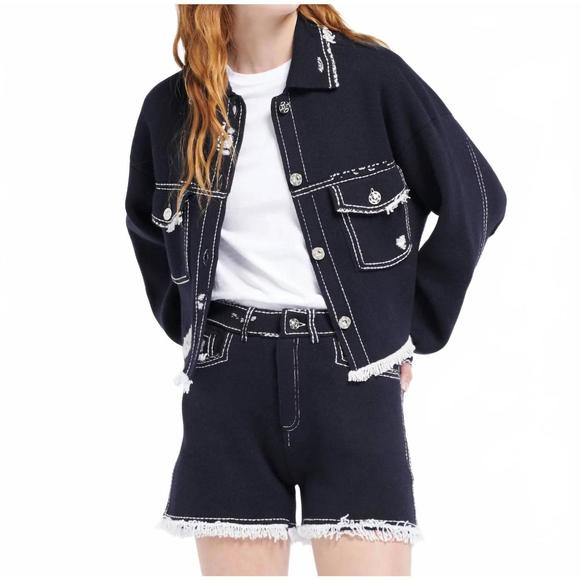 NEW BARRIE denim fringed cashmere and cotton shorts in nero navy / niveous - Picture 1 of 4